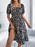 Vestido Elegante De Primavera Y Verano Para Mujer Con Estampado Floral Cuello Cuadrado Manga Corta Volante Al Borde Vestido A-Line De Rodilla Casual - details 5