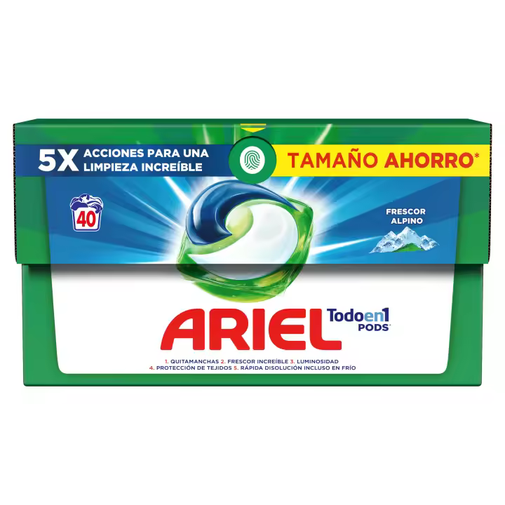 Ariel Todo En Uno PODS, Detergente Líquido Para Lavadora 40 Cápsulas Limpieza Y Frescor Alpinos Lavados, 5 Acciones Para Una Limpieza Brillante En Frío - 1
