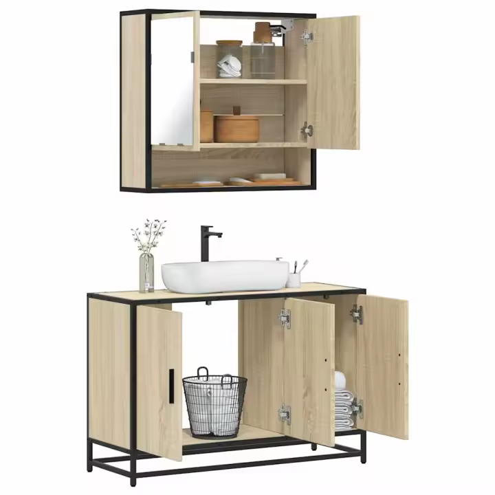 vidaXL Set de muebles de baño 2 pzas madera contrachapada en color Gris sonoma/Roble Sonoma/Marrón roble y más | almacenamiento funcional diseño moderno para baño dormitorio sala - 1