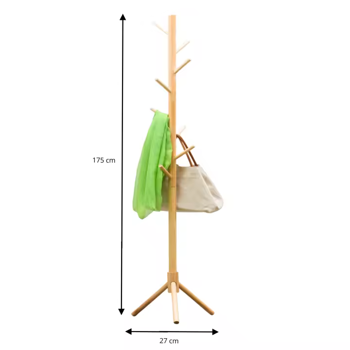 LUTODY - Perchero de pie madera maciza, Forma de árbol, 8 ganchos para colgar prenda ropa chaqueta bolso sombrero, Altura ajustable, Base estable, Estilo nórdico para entrada recibidor dormitorio habitación - 1