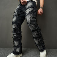 Jeans Rotos Y Spliced Streetwear HipHop Para Hombre Estilo Biker Con Agujeros Y Destazados Pantalones Vaqueros Sueltos De Doble Face De Medio Pecho Para Primavera Y Otoño - details 5