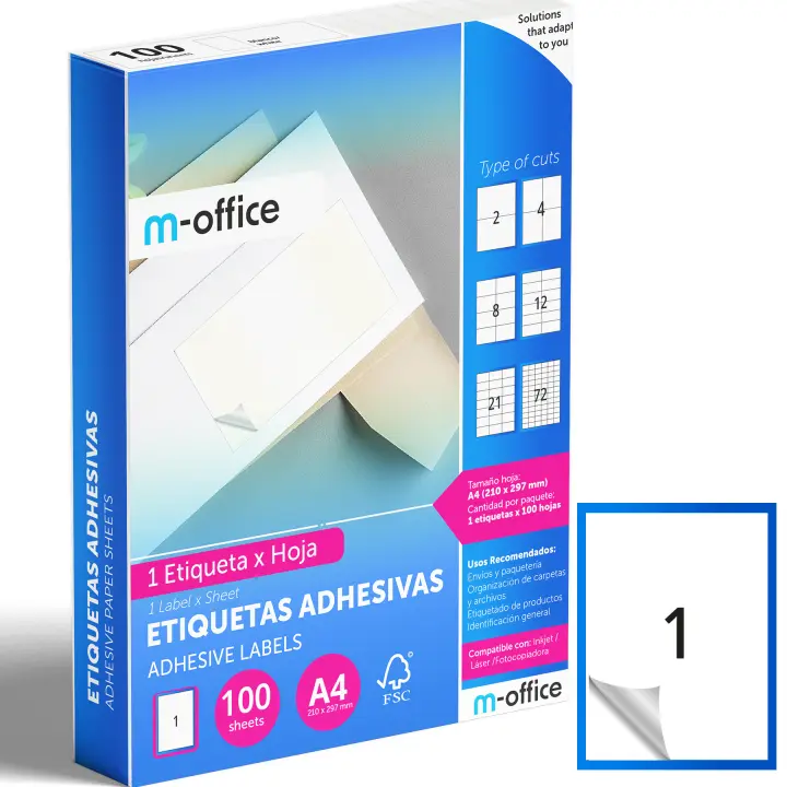 M-office Etiquetas Adhesivas A4 compatible con Label Printer, Pegatinas Blancas Adhesivas para Uso Diario, Papel Adhesivo para Imprimir, Pegatinas para Escribir (1 por hoja, 100h) - 1