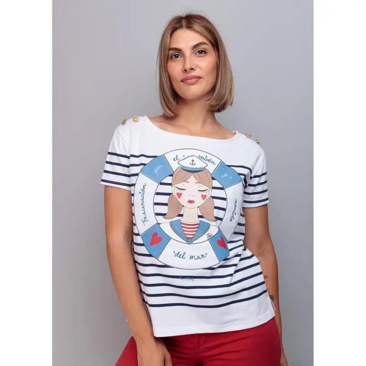 KEEP AND TRENDY Camiseta Marinera Mujer Algodón Manga Corta Aberturas Laterales Botones Dorados - Rayas Azul Marino - Ilustración Marinera Bordada - 1