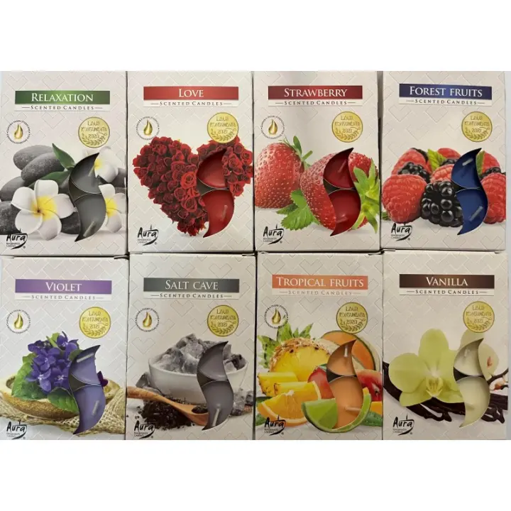 Pack 48 velas te perfumadas - 8x6 - Relajación, Sal, Vainilla, Amor, Violeta, Fruta Tropical, Fresa y Frutas del Bosque - 1