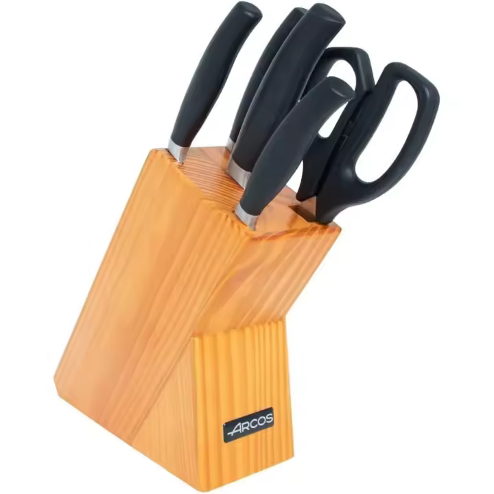 Arcos Serie Clara - Juego 4 Cuchillos de Cocina (Mondador + Chef + Panero + Jamonero) + 1 Tijeras - Acero Inoxidable Forjado NITRUM - Mango Inyectado de Polipropileno - Color Negro - 1