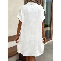 Camisa Elegante De Verano Para Mujer Azul Con Bolsillo Y Cuello En V Simple Y Cómoda De Color Sólido Vestido De Pierna Larga Estilo Casual - details 4