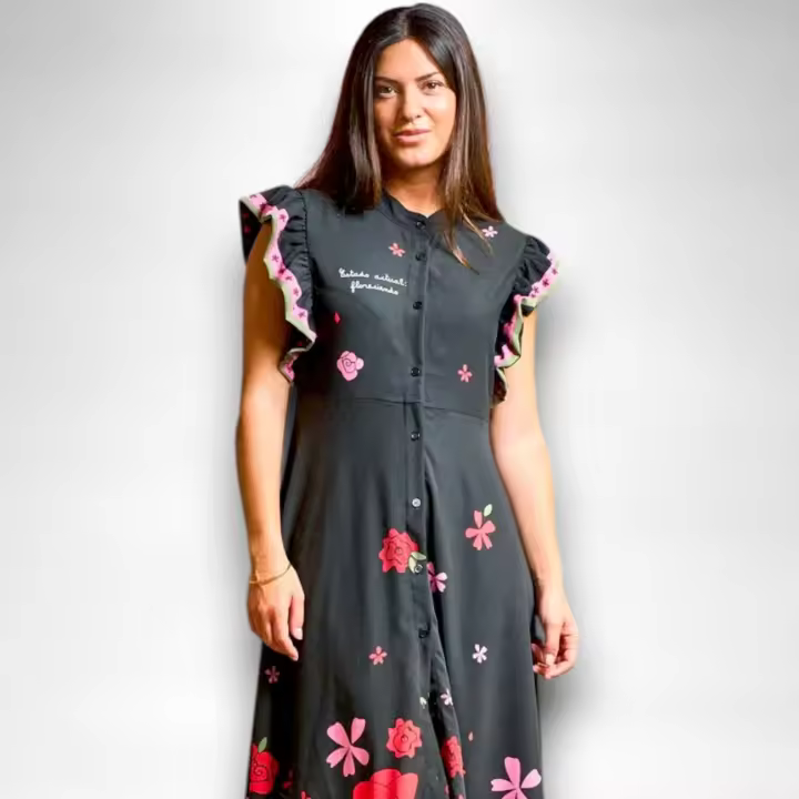 Vestido Paula Anabel Lee Mujer | Floral Rojo Rosa Asimétrico | Tejido Mágico Tirantes Volantes - 1