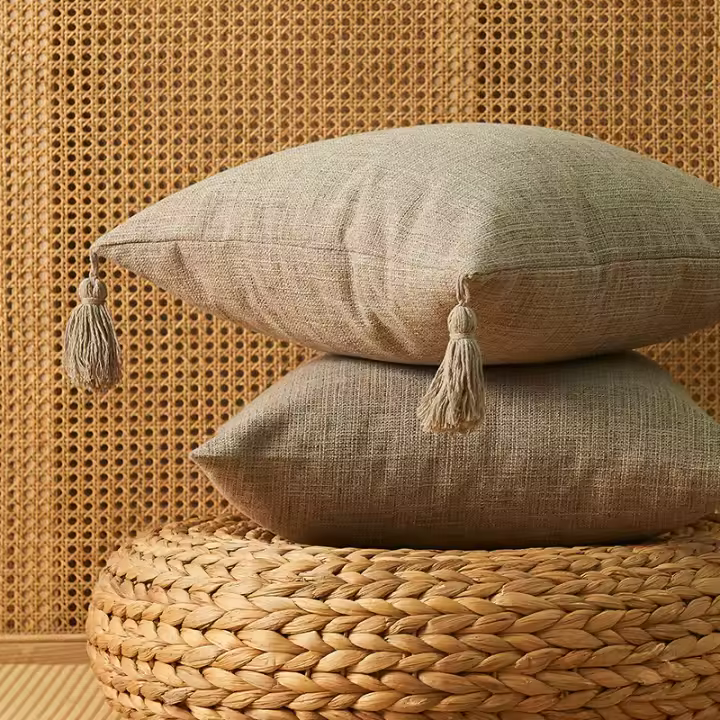 Funda De Cojín De Algodón Linen Verde Con Borla Boho Regalo Para Sofa Decoración De Hogar Navidad Estilo Rústico Americano - 1