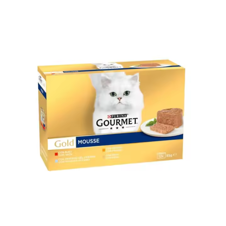 GOURMET Gold Mousse Surtido (12x85 gr) - Alimento Húmedo Completo para Gatos Adultos (Buey, Pescado del Océano, Hígado y Pavo) - 1
