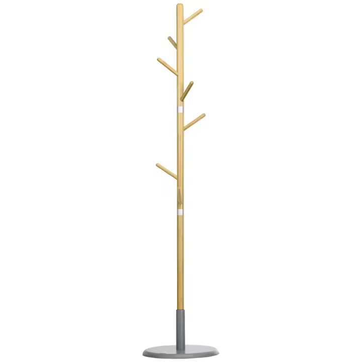 HOMCOM Perchero de Pie de Bambú Perchero de Entrada Recibidor con 8 Ganchos para Colgar Ropas Bolsas Perchero en Forma de Árbol Ø37,8x175,6 cm Natural y Gris - 1