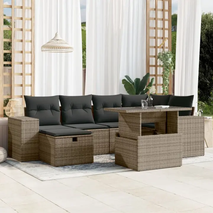 vidaXL Set de sofás de jardín 7 pzas con cojines ratán sintético gris - 1