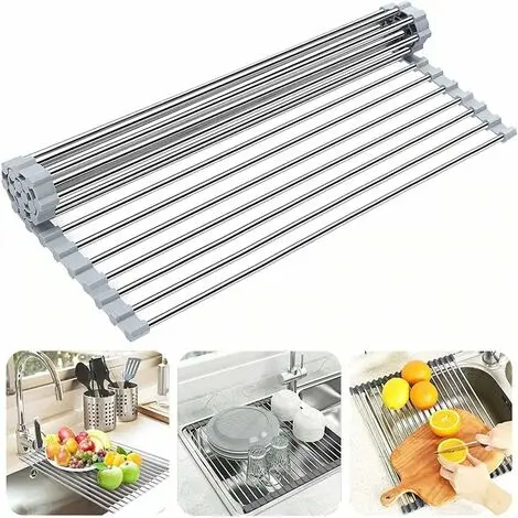 Raspador plegable para frutas, verduras y platos, sin BPA, con ruedas, acero inoxidable recubierto de silicona, 47 x 35 cm, gris - 1