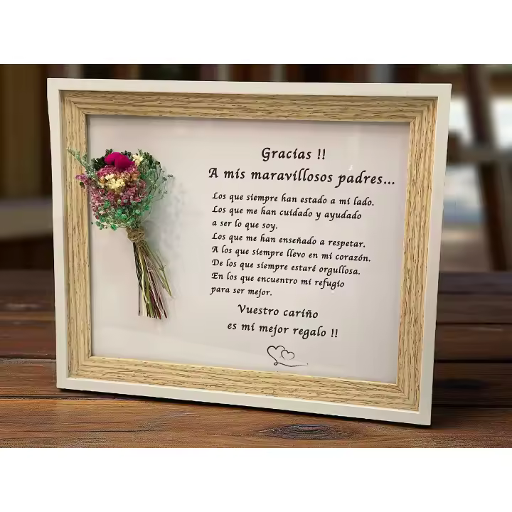 Regalo para los padres madre marco con mensaje y ramo de flores naturales preservadas y secas detalle para bodas aniversario día de la madre marco de madera con mensaje de agradecimento a nuestra madre padres - 1