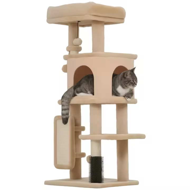 PawHut Árbol Rascador para Gatos Altura 104 cm Árbol para Gatos Torre para Gatos con Plataformas Poste con Cepillo Bolas Colgantes y Almohadilla para Rascar Beige - 1