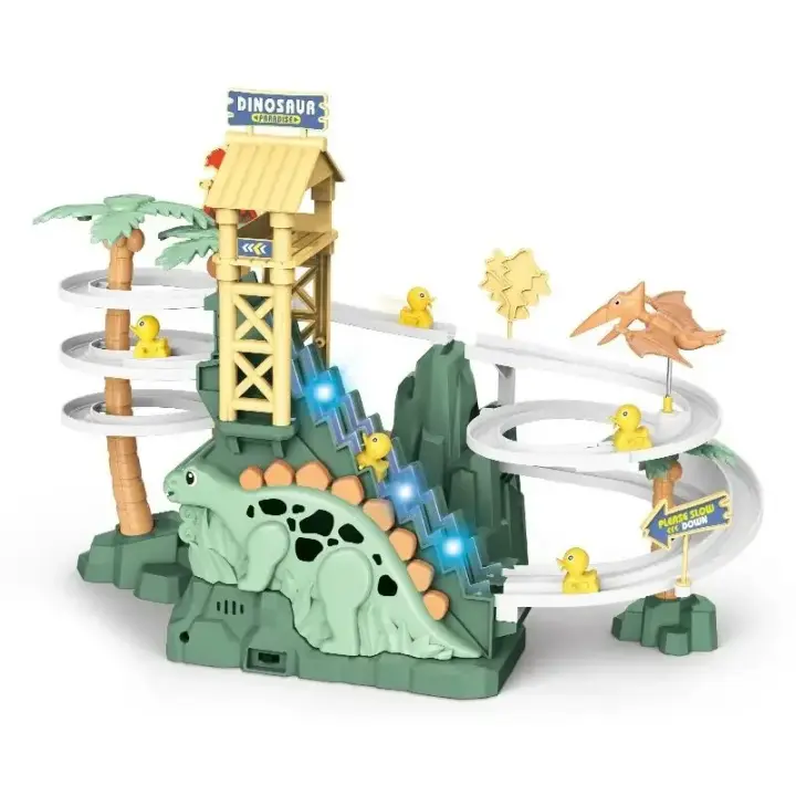 Juguete Educativo Eléctrico Para Niños Dinosaurio Con Carril De Dos Vías Slide Y Escalera De Adventure Carro De Rail Musica Para Regalo - 1