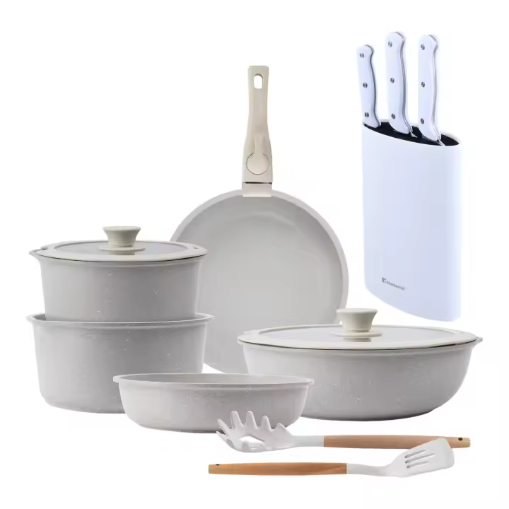 Batería de cocina 10 Pzs Beige/Mango extraíble,3 Sartenes,2 Cazos,Tapas y Utensilios+Delantal de Cocina Gris oscuro 100% Algodón 75x80cm - 1