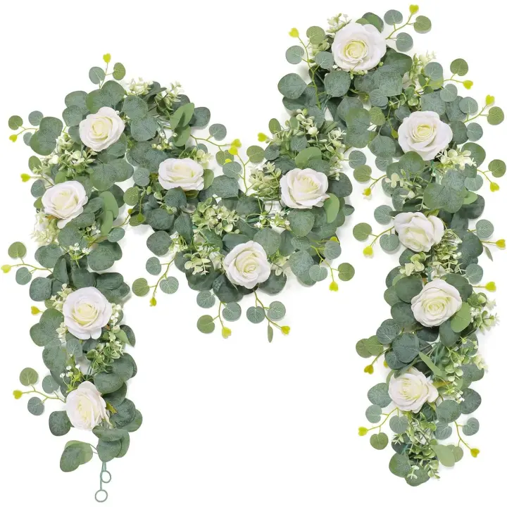 2 piezas de flores rosas, guirnalda de eucalipto de 2m, rosas blancas falsas, colgante Artificial, plantas de tornillo de seda para decoración, jardín de boda - 1