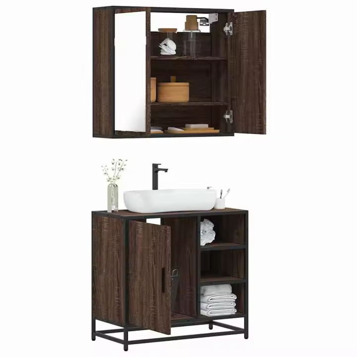 vidaXL Set de muebles baño 2 pzas madera contrachapada en color Marrón roble/Roble ahumado/Roble Sonoma y más | almacenamiento funcional diseño moderno para baño dormitorio sala - 1