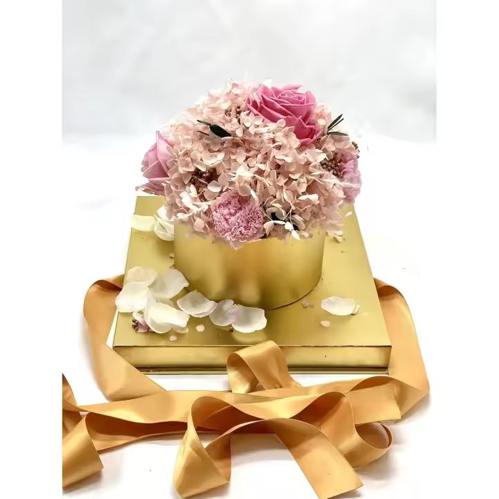 Bouquet Flores preservadas (peonías,Rosas y claveles) - Flores variadas - Flores eternas en Caja Dorada Transparente - 1