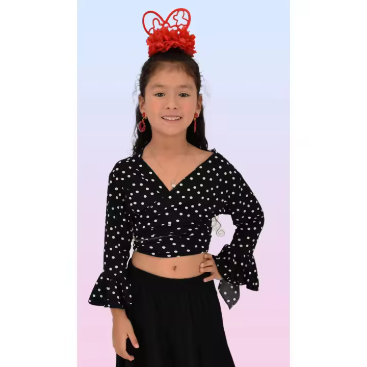 Top cruzado mangas 3/4 de niña con estampado en topos pequeños y volantes en las mangas anuka - 1