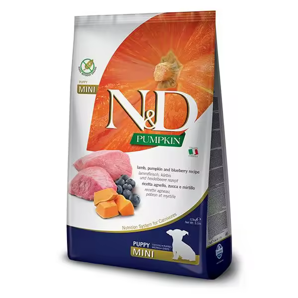 FARMINA N&D DOG PUPPY PUMPKIN MINI CORDERO 2,5KG/ Alimento completo para cachorros y hembras gestantes o en período de lactación de razas de tamaño pequeño y mini. Elaborado a base de cordero, calabaza y arándanos. - 1