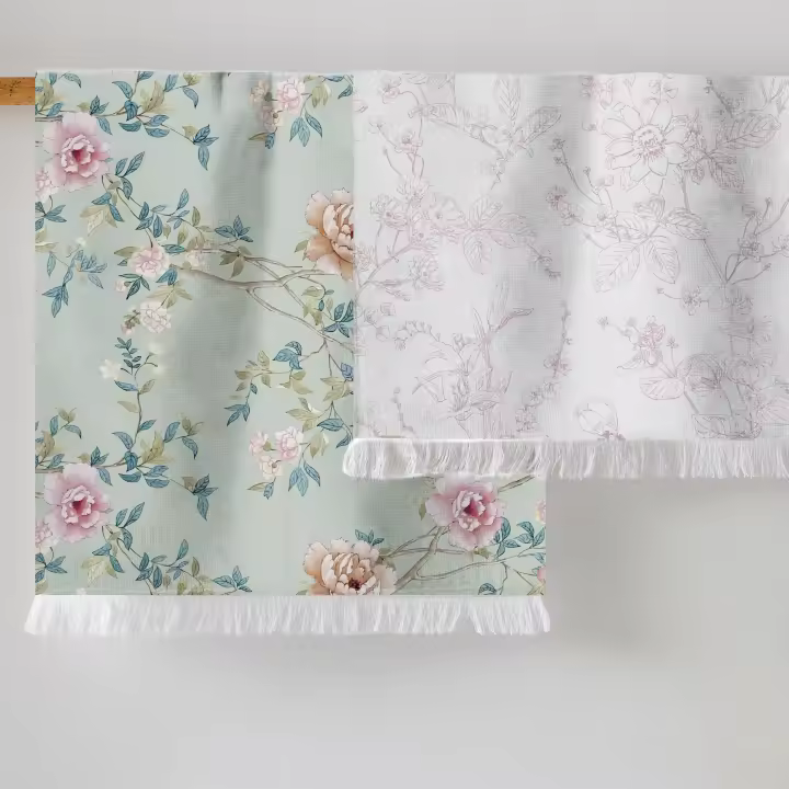 Manterol - Set paño toalla multiusos estampado floral. Juego de dos unidades. Algodón rizo en la parte posterior y acabado en flecos. Suaves y absorbentes. - 1