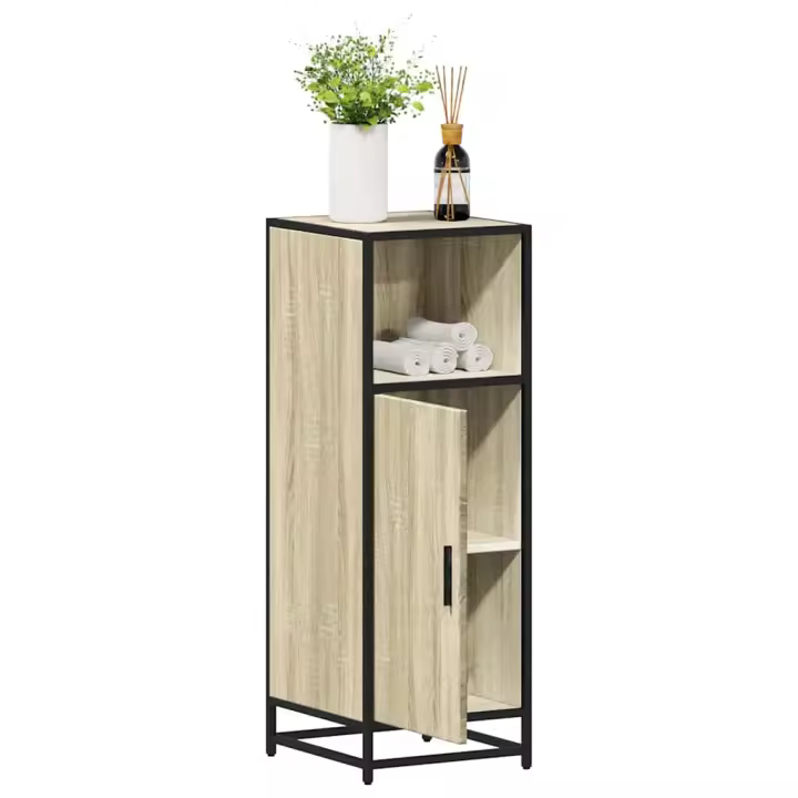 vidaXL Armario baño madera contrachapada 35x37,5x100 cm en color Roble ahumado/Marrón roble/Negro y más | almacenamiento funcional diseño moderno para baño dormitorio sala - 1