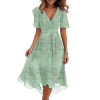 Vestido Casual De Moda Para Mujer Con Cuello En V Manga Corta Volante Vintage Impresión A-Line De Pierna Larga Estilo Italiano - details 7