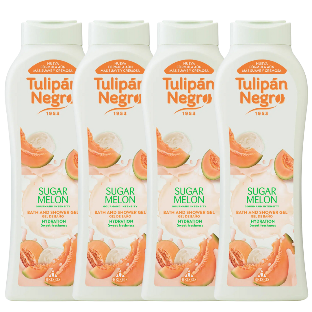 Pack de 4 Geles de Ducha Tulipan Negro – Gel de Baño Tulipán Negro Sugar Melon 650 ml – Aroma Dulce y Refrescante, Hidratación y Suavidad para el Cuidado Diario, Fragancia de Melón con Acordes Cremosos tulipan negro lo mejor para tu piel y cuerpo ducha y