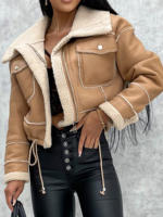 Chaqueta Motera De Cuero Sintético Para Mujer Con Cuello Acordonado De Peluche Vintage Chaqueta Moto Caliente De Invierno Outerwear - details 3