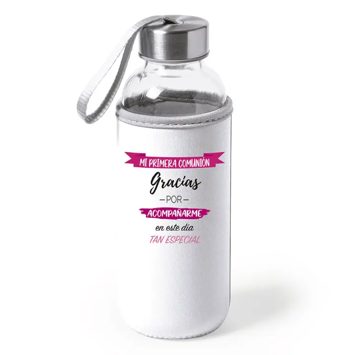 Pack de botellas de cristal personalizadas de 420 ml. de capacidad personalizadas, tapón de seguridad a rosca y cinta de transporte, funda de neopreno. Botella agua. Regalo invitados Primera Comunión. Imagina - 1