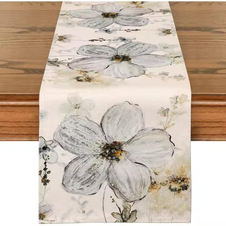 Camino de mesa floral de 72 pulgadas, camino de mesa con diseño de flor de durazno, decoración rústica para mesa, camino de mesa vintage de lino y algodón para cocina - 1