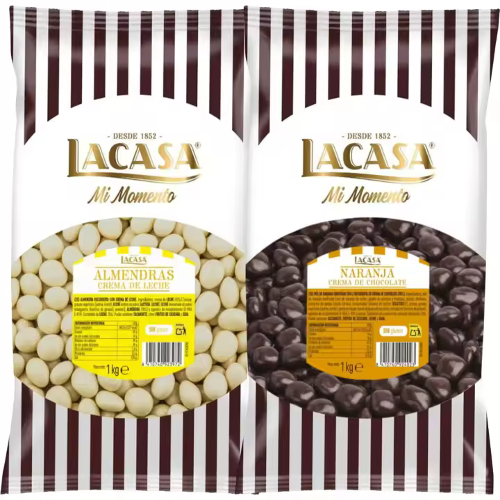 Lacasa Mi momento Pack 2 kg: deliciosas bolas de  Almendra con chocolate Blanco y Dados de naranja con chocolate Negro - 1