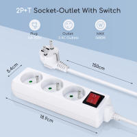 Aigostar Regleta alargador de 3 Tomas con Interruptor y Protección Infantil, 1.5 /5M, Blanco, 16A 250V - details 0