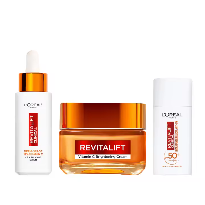 L'OREAL PARIS | Revitalift Clinical Sérum [arrugas-tono-poros] con 12% de Vitamina C pura + vitamina E + ácido salicílico 30ML + Revitalift CREMA GEL VITAMINA C piel luminosa y poros reducidos 50ML + Fluido Hidratante Anti-UV Diario con Vitamina C 50ml - 1