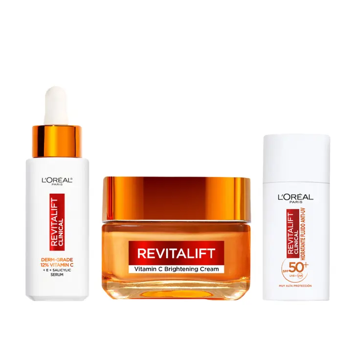 L'OREAL PARIS | Revitalift Clinical Sérum [arrugas-tono-poros] con 12% de Vitamina C pura + vitamina E + ácido salicílico 30ML + Revitalift CREMA GEL VITAMINA C piel luminosa y poros reducidos 50ML + Fluido Hidratante Anti-UV Diario con Vitamina C 50ml - 1