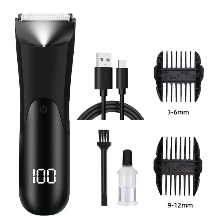 Recortadora de vello corporal y de ingle para hombres, recortadora de bolas eléctrica, incluye 2 accesorios de protección, cabezal de cuchilla de cerámica, afeitadora en seco y húmedo, maquinilla de afeitar eléctrica recargable por USB con batería de liti - 1