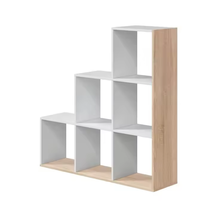 Meimon Estantería STEP 110x108x28 cm en tablero de partículas melaminizado TIPO E1, cantos PVC y melamínicos, color Blanco Ark y Roble Canadian, 6 huecos, tacos ABS antirayaduras, uso decorativo o como separador de ambientes, soporta hasta 20 kg. - 1