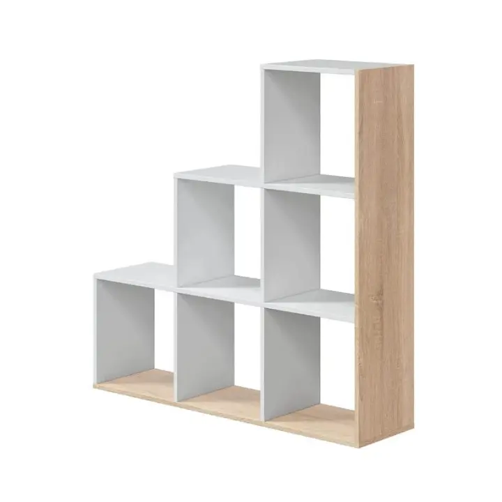 Meimon Estantería STEP 110x108x28 cm en tablero de partículas melaminizado TIPO E1, cantos PVC y melamínicos, color Blanco Ark y Roble Canadian, 6 huecos, tacos ABS antirayaduras, uso decorativo o como separador de ambientes, soporta hasta 20 kg. - 1