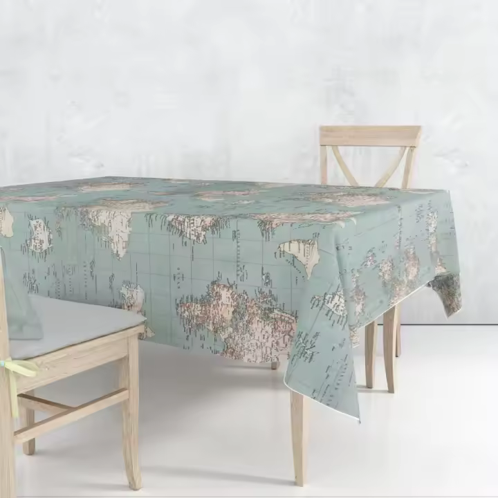 Lafabricadelastelas-Mantel loneta algodón estampado mapa mundi turquesa y beige. Para furgonetas camper, coches, viajes,lavable,decoración hogar cocina, salon,comedor. - 1