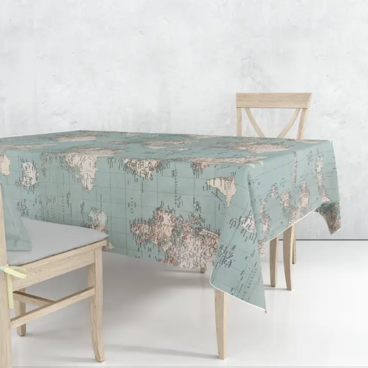Lafabricadelastelas-Mantel loneta algodón estampado mapa mundi turquesa y beige. Para furgonetas camper, coches, viajes,lavable,decoración hogar cocina, salon,comedor. - 1
