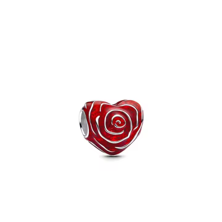 PANDORA  Charm con forma de corazón de rosa, esmalte artesanal, pétalos apilados, rojo, personalidad, cuentas DIY 520, regalo de San Valentín, rojo, talla única - 1