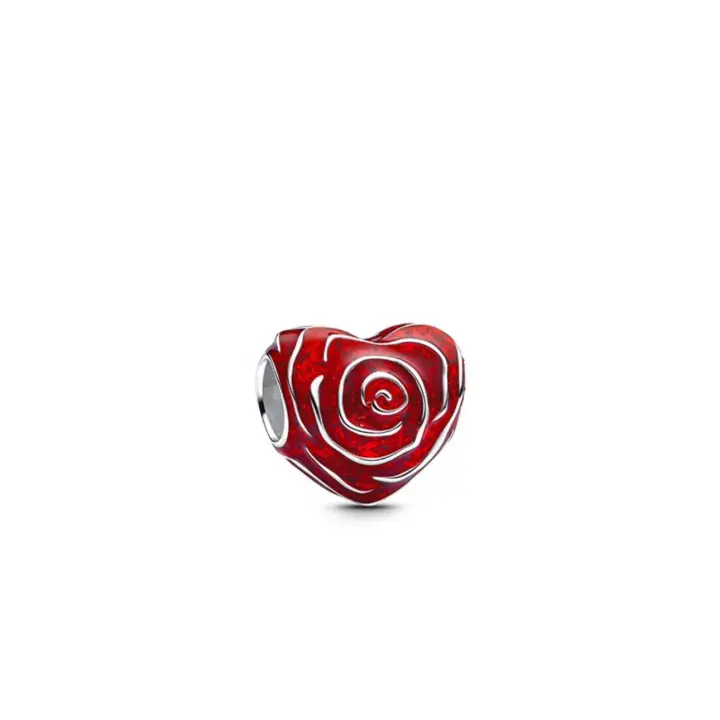 PANDORA  Charm con forma de corazón de rosa, esmalte artesanal, pétalos apilados, rojo, personalidad, cuentas DIY 520, regalo de San Valentín, rojo, talla única - 1