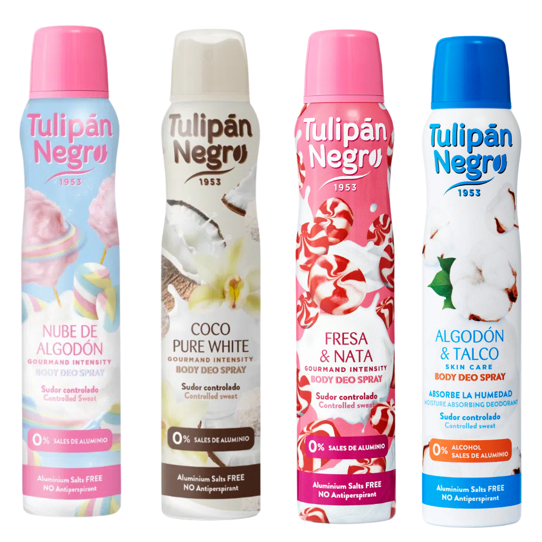 Pack 4 Desodorantes Spray Surtidos 200 ml | Nube de Algodón, Coco Pure White, Fresa y Nata, Algodón y Talco | Protección eficaz contra el sudor | Fragancias únicas | Cuidado y frescura diaria TULIPAN NEGRO LOS MEJORES PRODUCTOS VIRALES CON AROMAS DULCES