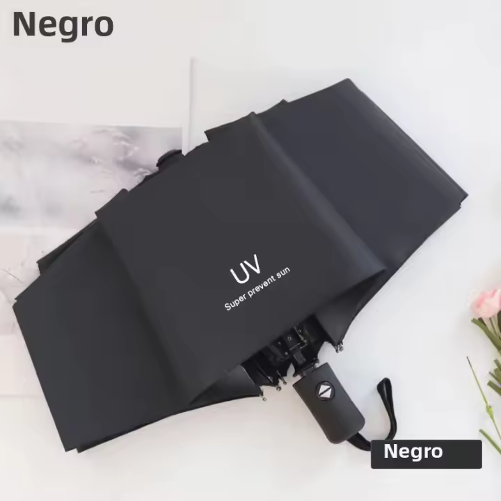 Paraguas Automático Completo 24 Huesos Protección UV Sombrilla Plegable En Tres Etapas Con Película Negro Para Protección Solar Y Lluvia Tamaño Único Negro - 1
