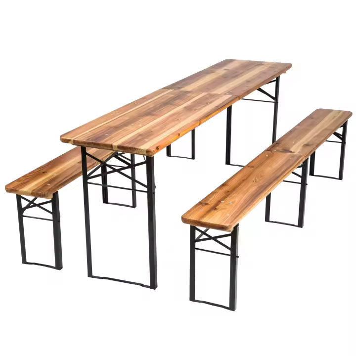 Tectake - Conjunto de mesa y bancos de madera plegables 3 piezas 219 cm  Plegable, fácil de guardar y transportar  Conjunto de 3 piezas de mesa y bancos de madera  Superficie de la mesa y los bancos barnizada - 1
