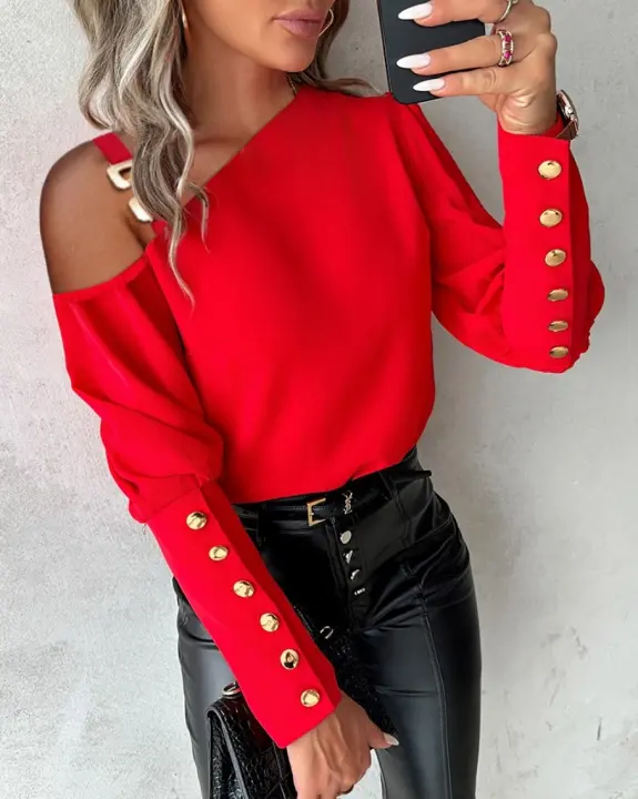 Blusa Elegante Para Mujer Con Mangas Farol Y Botones Estilo Oficina Otoño Primavera Casual Diario Cuello Redondo Polyester - 1