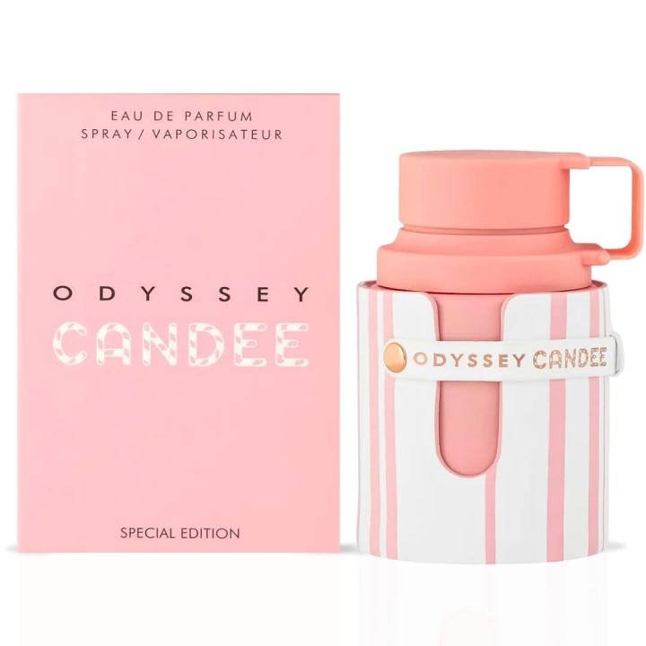 Armaf Odyssey Candee EDP 100 ml for women, a sweet and fruity perfume featuring top notes of strawberry and caramel, with a warm amber base, ideal for daily wear or special occasions.