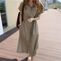 Vestido Camisa De Mujer REALEFT 2024 Primavera Lino Monabroca Con Bolsillo Cintura Alta Casual Suéter Solido Con Cordón - details 0