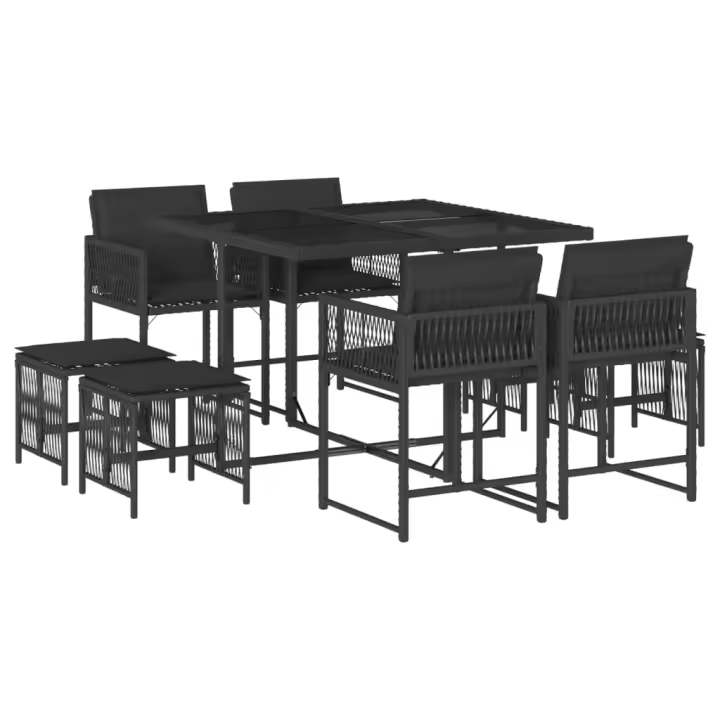 vidaXL Set de comedor de jardín 9 pzas y cojines ratán sintético negro - 1